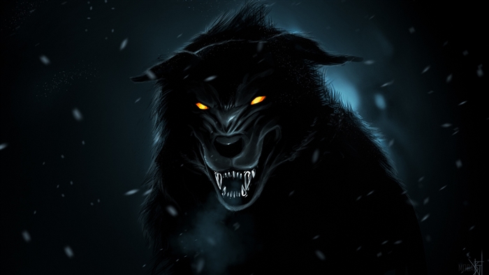 Black wolf with glowing orange eyes in snow