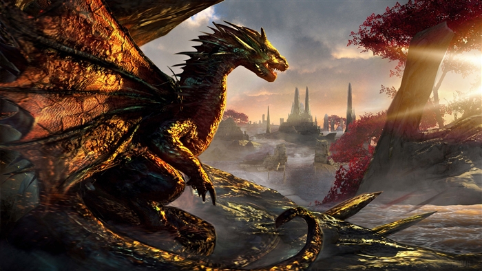 Dragon artwork with fantasy landscape 4K