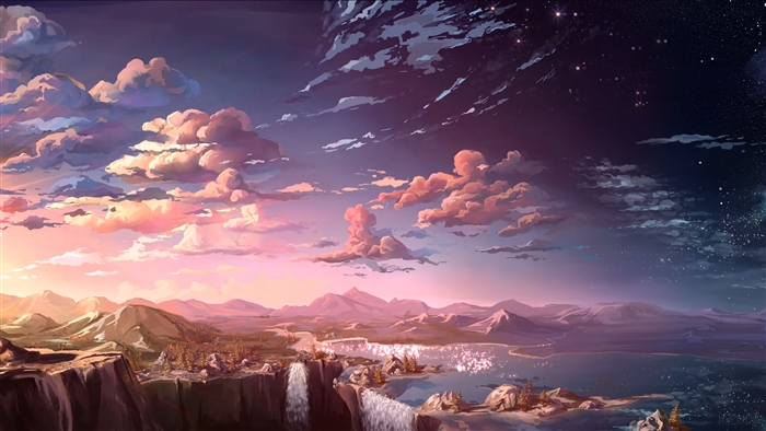 Sunset Waterfall Landscape 4K