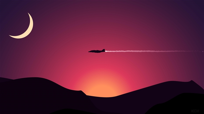 Minimalist plane flying over mountains at sunset with moon