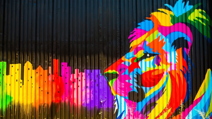 Colorful Lion Graffiti with Cityscape 4K