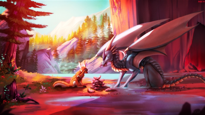 Dragon and fox sharing food by a river