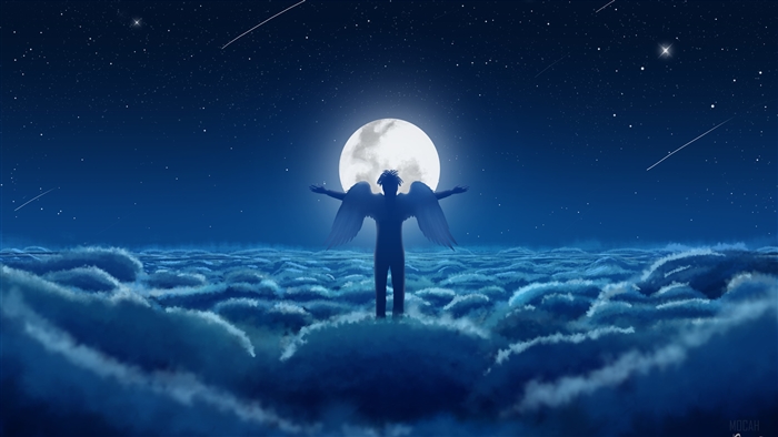 Angel with wings in clouds under moon and stars