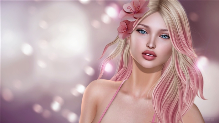 Fantasy Blonde Girl with Pink Flowers 4K