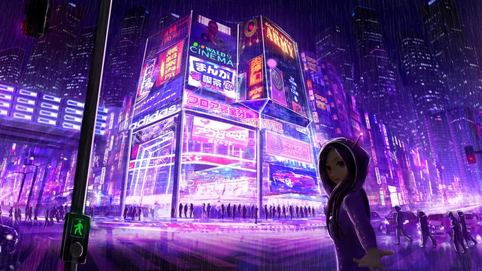 Cyberpunk Cityscape with Girl and Neon Signs 4K