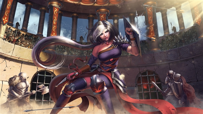 Woman Warrior Fighting Knights in Arena 4K