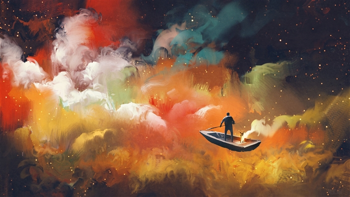 Man in boat floating in outer space with colorful clouds