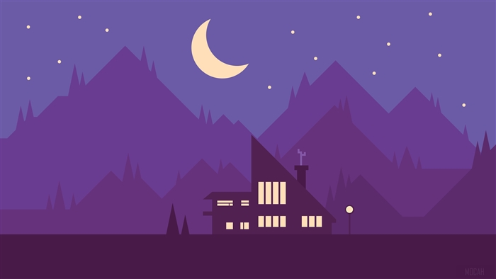 Illustration of mountains and a house at night