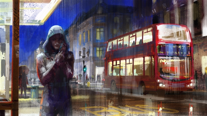 Girl in the rain with a double-decker bus
