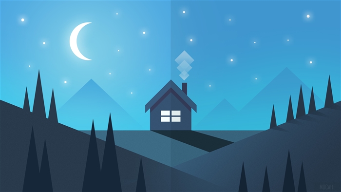Minimalist Night Landscape with House and Moon 4K
