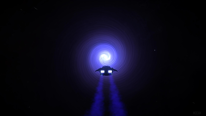 Spaceship approaching a swirling blue and white nebula