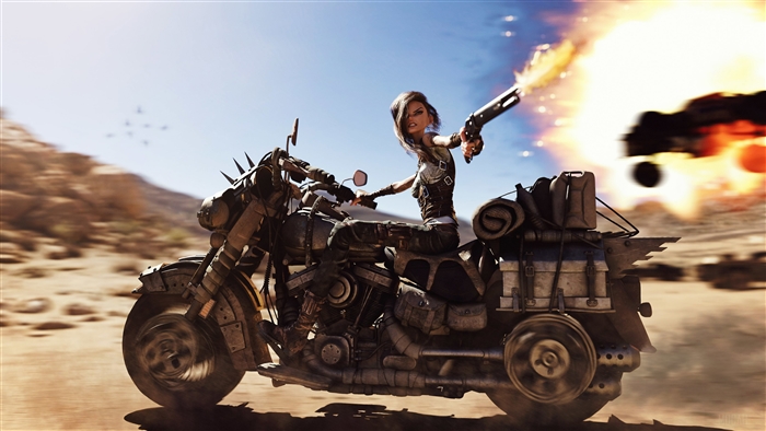 Anime Biker Girl Shooting Motorcycle 4K