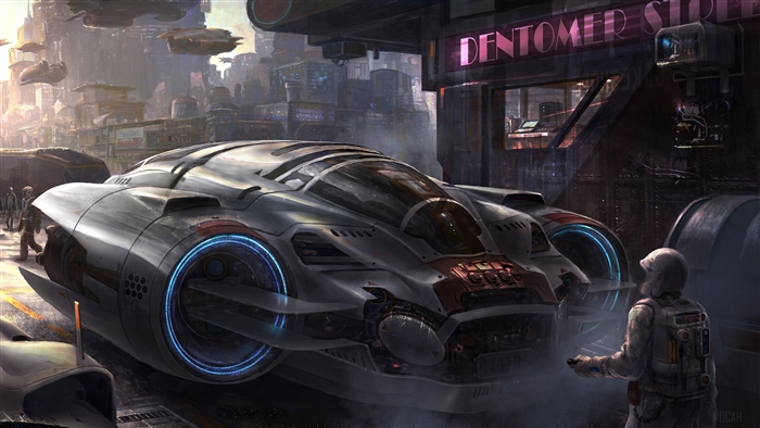 Sci-fi vehicle in a futuristic city