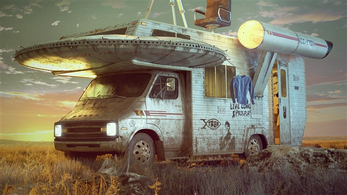 Star Trek inspired RV in a field 4K