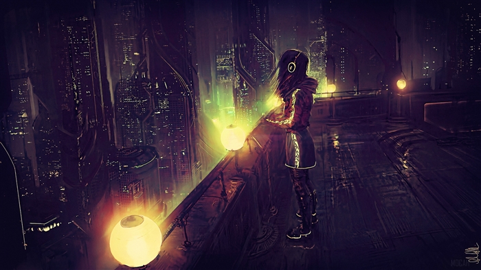 Girl on a terrace in a cyberpunk city 4K