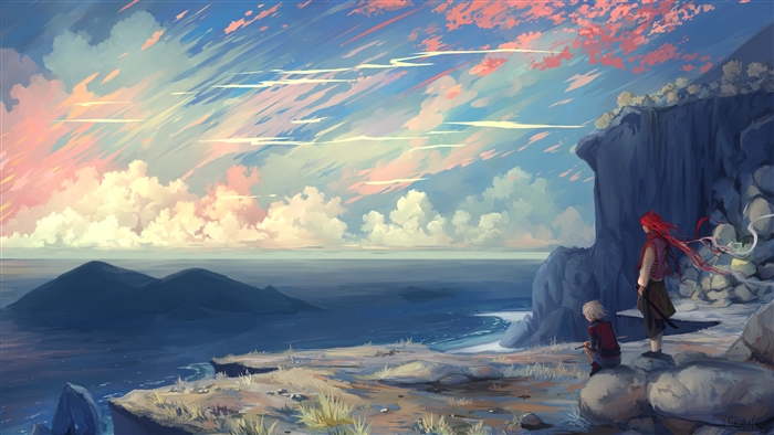 Two figures on a cliff overlooking the sea at sunset