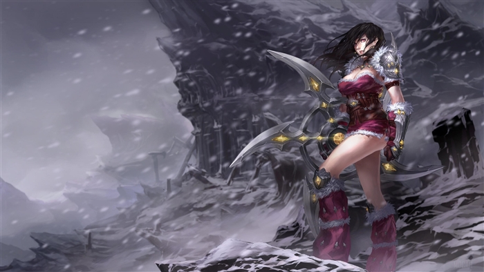 Warrior girl with large weapon in snowy landscape