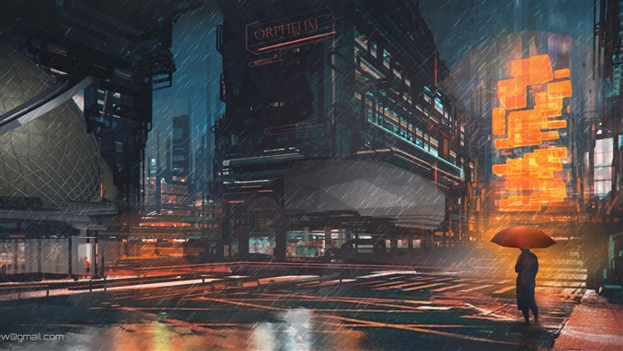 Rainy Night in a Sci-Fi City with a Man Holding an Umbrella