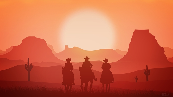 Cowboys riding horses in desert landscape at sunset, minimalism, 4K