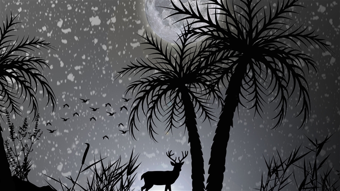 Deer and palm trees under the moon