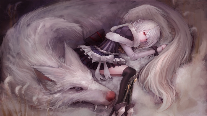 Artistic Girl With Wolf
