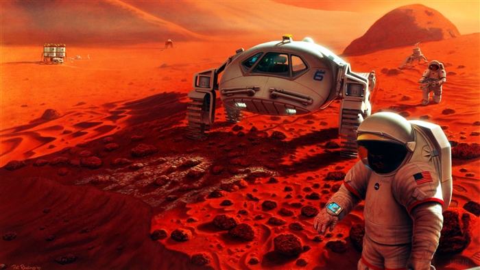 Scifi Astronauts on Mars with Rover 4K