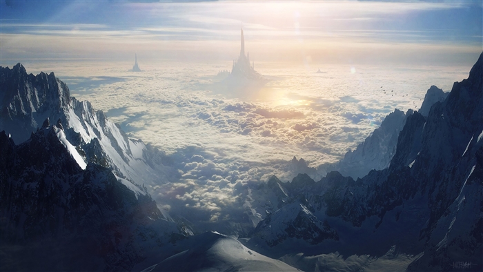 Fantasy Cityscape Above Clouds and Mountains 4K