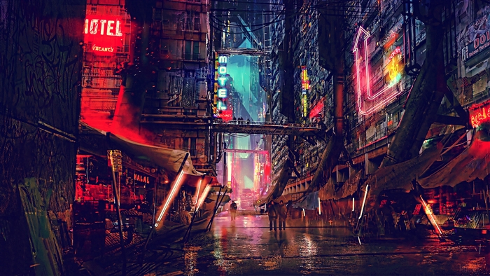 Cyberpunk futuristic city street with neon lights 4K