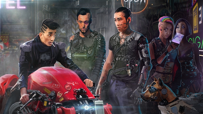 Cyberpunk group with motorcycle and robot dog