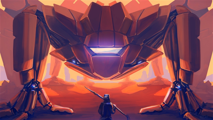 Giant robot in a desert landscape