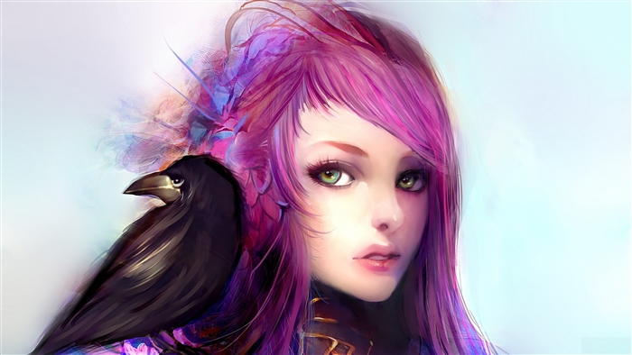 Anime girl with pink hair and a raven 4K