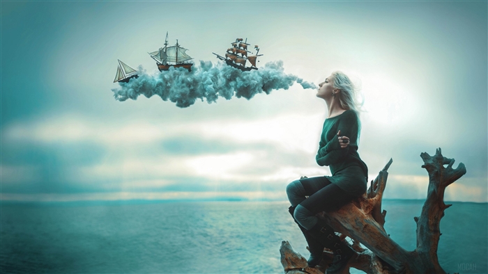 Woman exhaling smoke with sailing ships in clouds