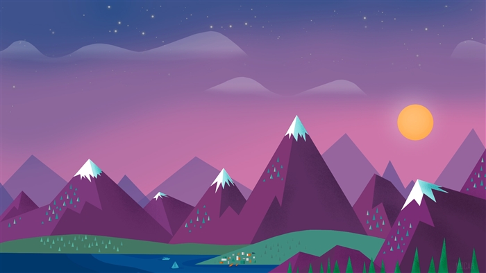 Minimalist Purple Mountain Landscape with Sunset 4K