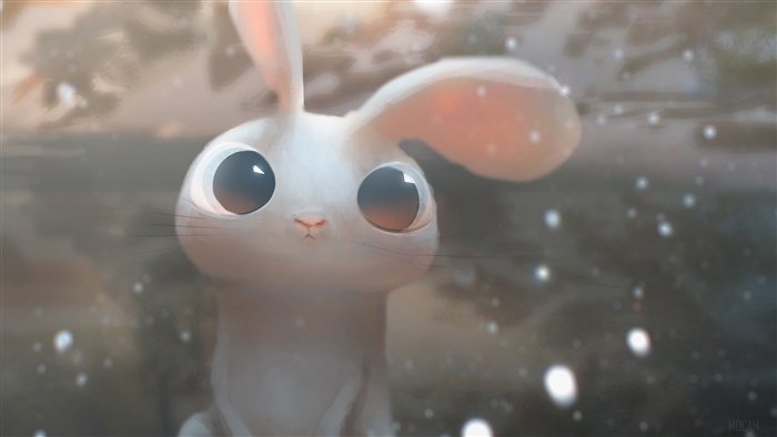 Cute white rabbit with big eyes in snow 4K