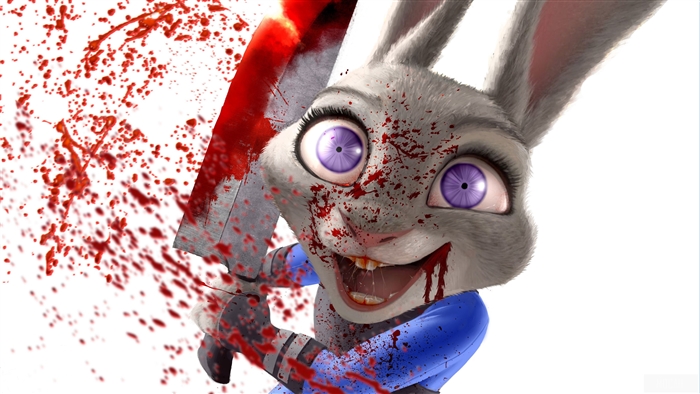 Judy Hopps from Zootopia covered in blood with a cleaver