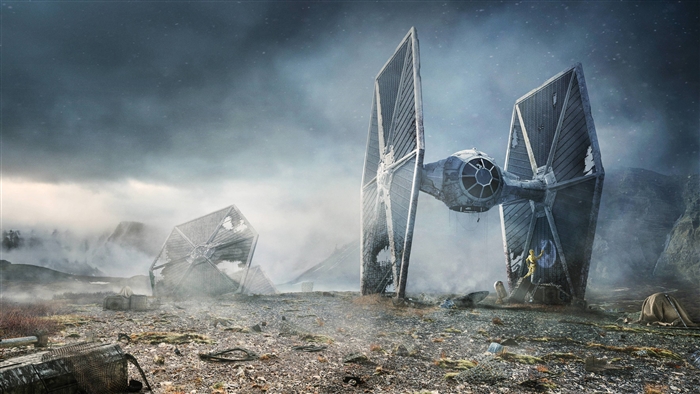 Star Wars TIE Fighter wreckage on a desolate planet