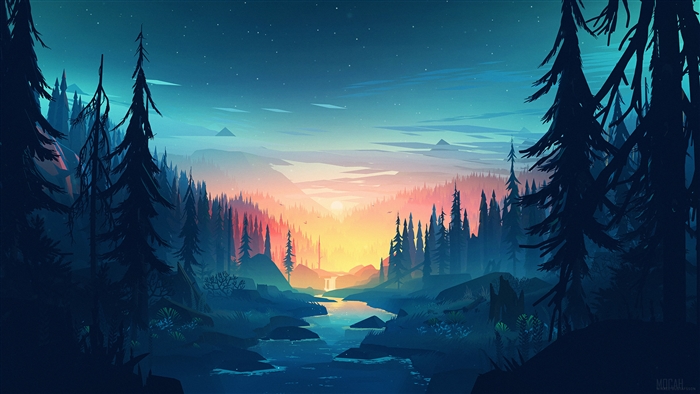 Forest landscape with river at sunset 4K