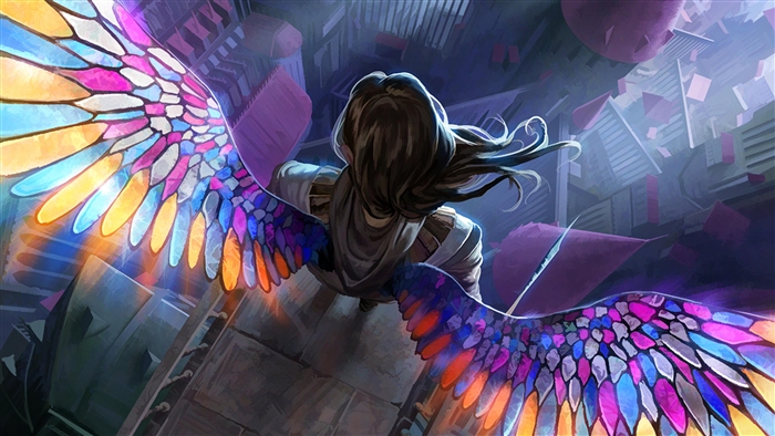 Angel with Colorful Wings in a Cityscape 4K