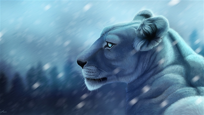 Lion in Snow 4K Artwork