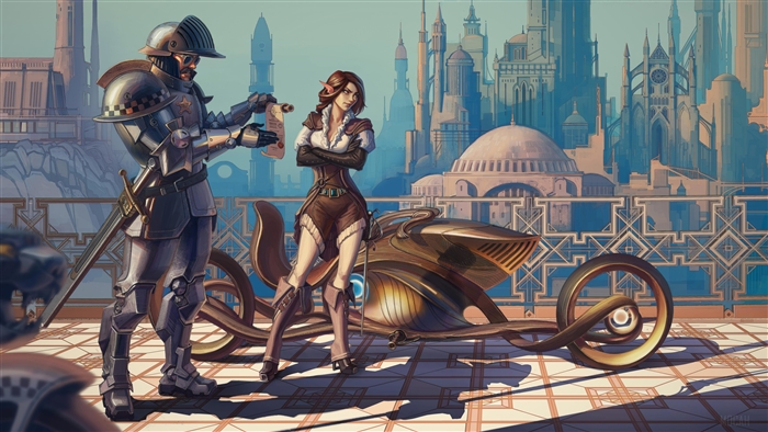 Knight and woman with futuristic vehicle in city