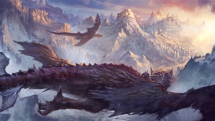 Dragons flying over a fantasy city in mountains 4K