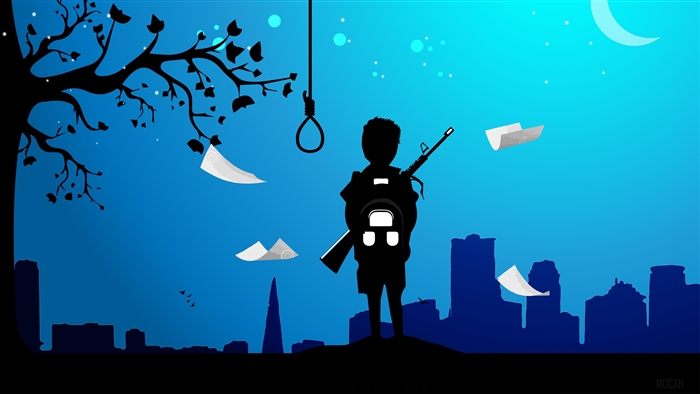 Silhouette of a child with a rifle and backpack under a noose