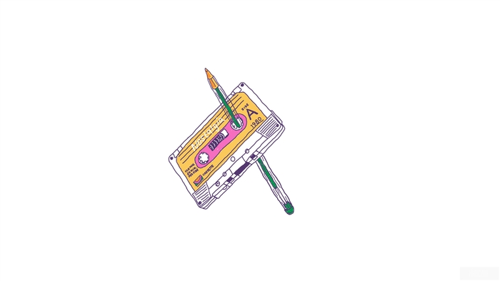 Minimalist illustration of a cassette tape with pens