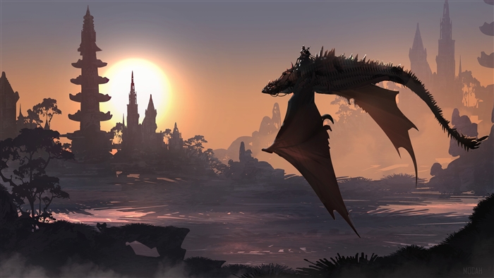 Dragon flying over fantasy landscape at sunset 4K