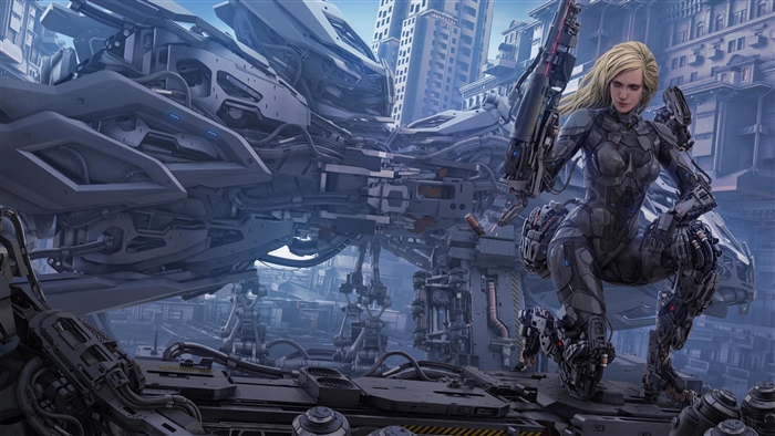 Blonde Cyborg Girl with Futuristic Weaponry 4K