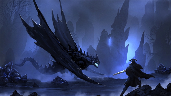 Warrior vs Dragon in a dark fantasy landscape 4K