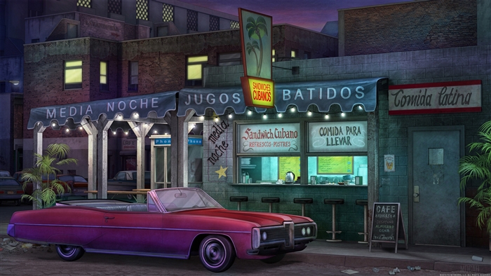 Cabriolet Car in front of Media Noche Restaurant Artwork 4K
