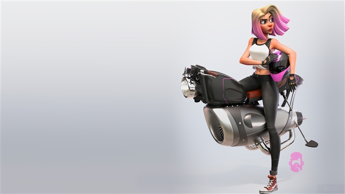 Girl with pink-tipped hair on a motorcycle
