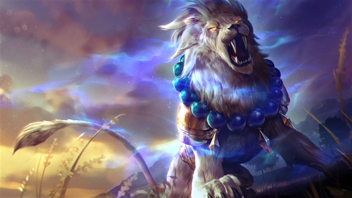 Lion with blue beads and golden armor roaring