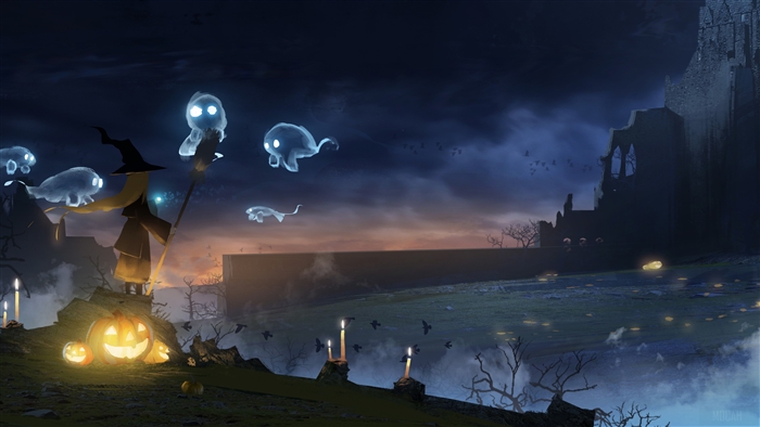 Witch with ghosts and pumpkins in a spooky landscape 4K